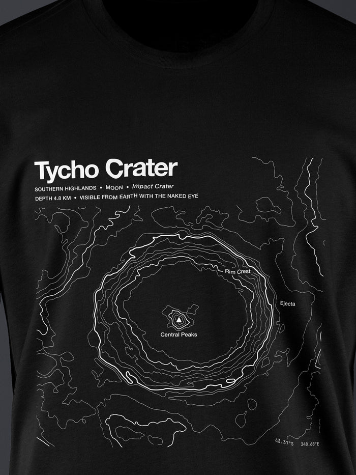 Topographic contour t-shirt of Tycho Crater, southern lunar highlands, the Moon, an 85 km-wide impact crater, rendered from NASA LRO LOLA laser altimetry. Cotton contour-art tee by Horizon Editions - real terrain, hand-drawn, no AI.