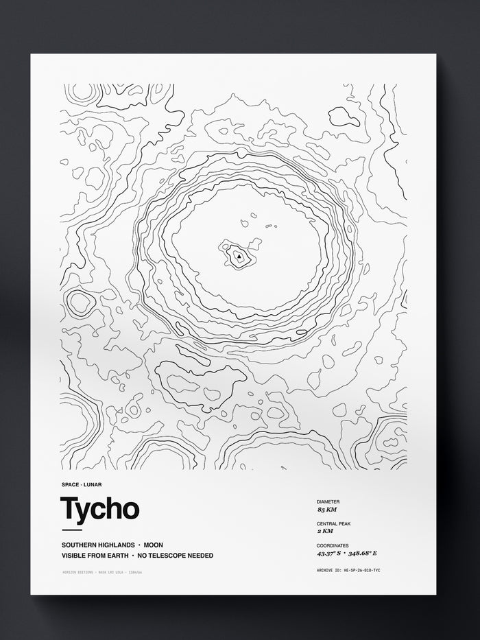 Topographic contour print of Tycho Crater, southern lunar highlands, the Moon, an 85 km-wide impact crater, rendered from NASA LRO LOLA laser altimetry. Museum-quality 250gsm matte archival print by Horizon Editions - real terrain, hand-drawn, no AI.
