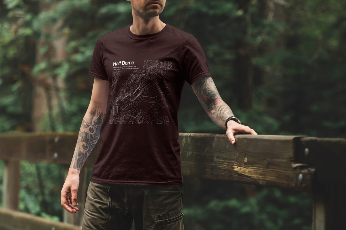 Half Dome topographic map T-shirt, lifestyle photo