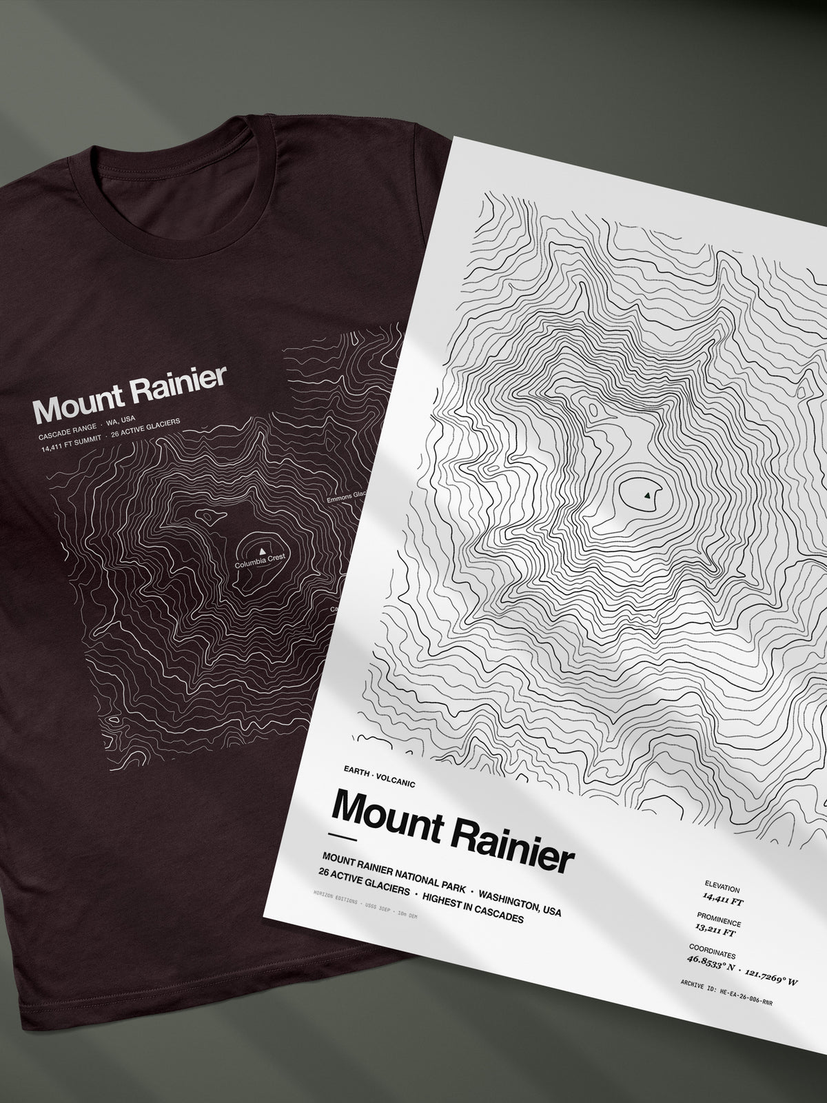 Complete Edition (matched tee and archival print) of Mount Rainier, Cascade Range, Washington, 14,411 ft with 26 active glaciers, rendered from USGS 3DEP elevation data. Museum-quality archival print plus a matched cotton tee by Horizon Editions - real terrain, hand-drawn, no AI.