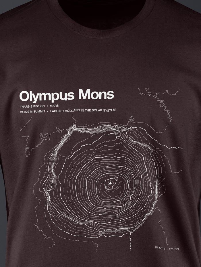 Topographic contour t-shirt of Olympus Mons, Tharsis, Mars, 21.9 km tall, the largest volcano in the solar system, rendered from NASA MGS MOLA laser altimetry. Cotton contour-art tee by Horizon Editions - real terrain, hand-drawn, no AI.