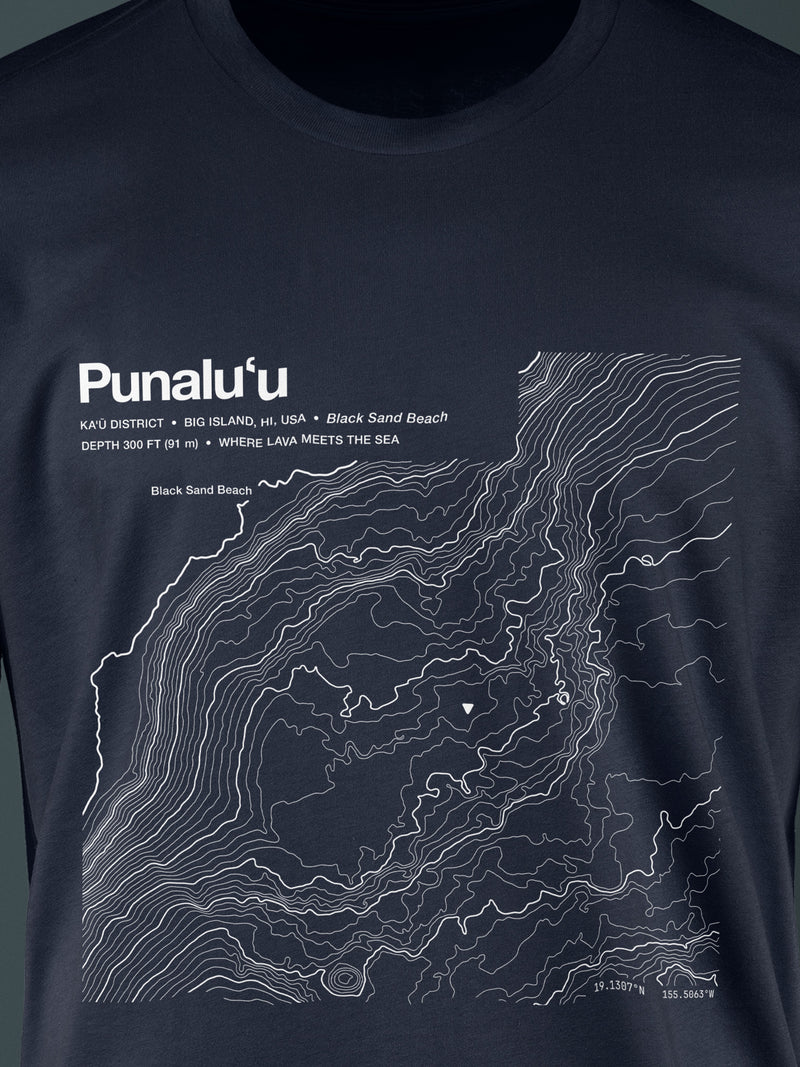 Topographic contour t-shirt of Punaluʻu, Kaʻū, Big Island, Hawaii, 300 ft offshore depth at a black-sand coast, rendered from NOAA NCEI coastal bathymetry. Cotton contour-art tee by Horizon Editions - real terrain, hand-drawn, no AI.