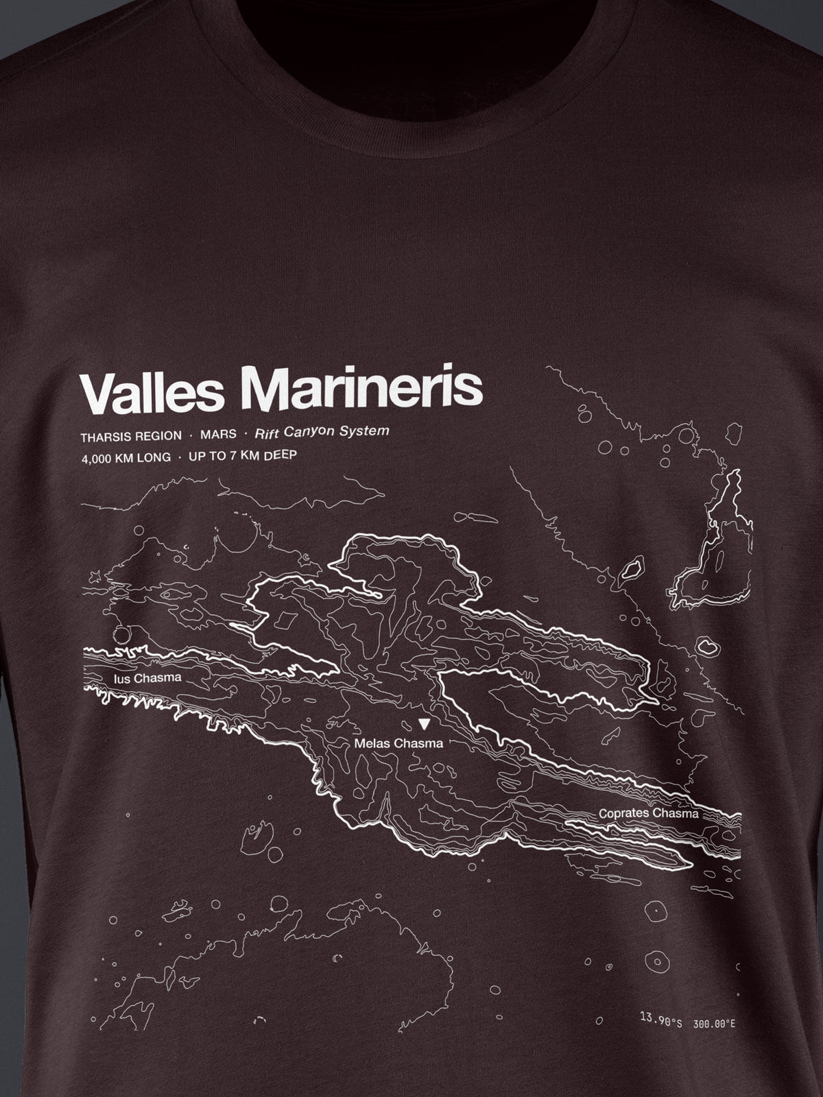 Topographic contour t-shirt of Valles Marineris, Mars, 4,000 km long and up to 7 km deep, rendered from NASA MGS MOLA laser altimetry. Cotton contour-art tee by Horizon Editions - real terrain, hand-drawn, no AI.