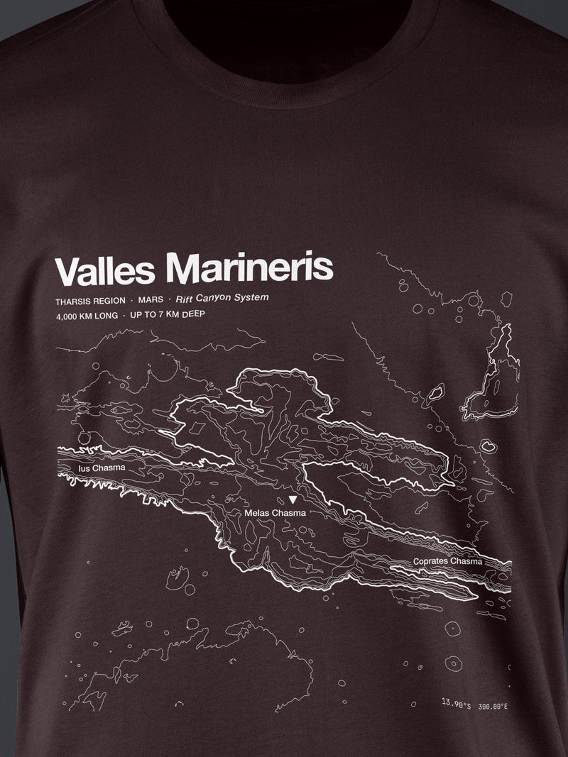 Topographic contour t-shirt of Valles Marineris, Mars, 4,000 km long and up to 7 km deep, rendered from NASA MGS MOLA laser altimetry. Cotton contour-art tee by Horizon Editions - real terrain, hand-drawn, no AI.