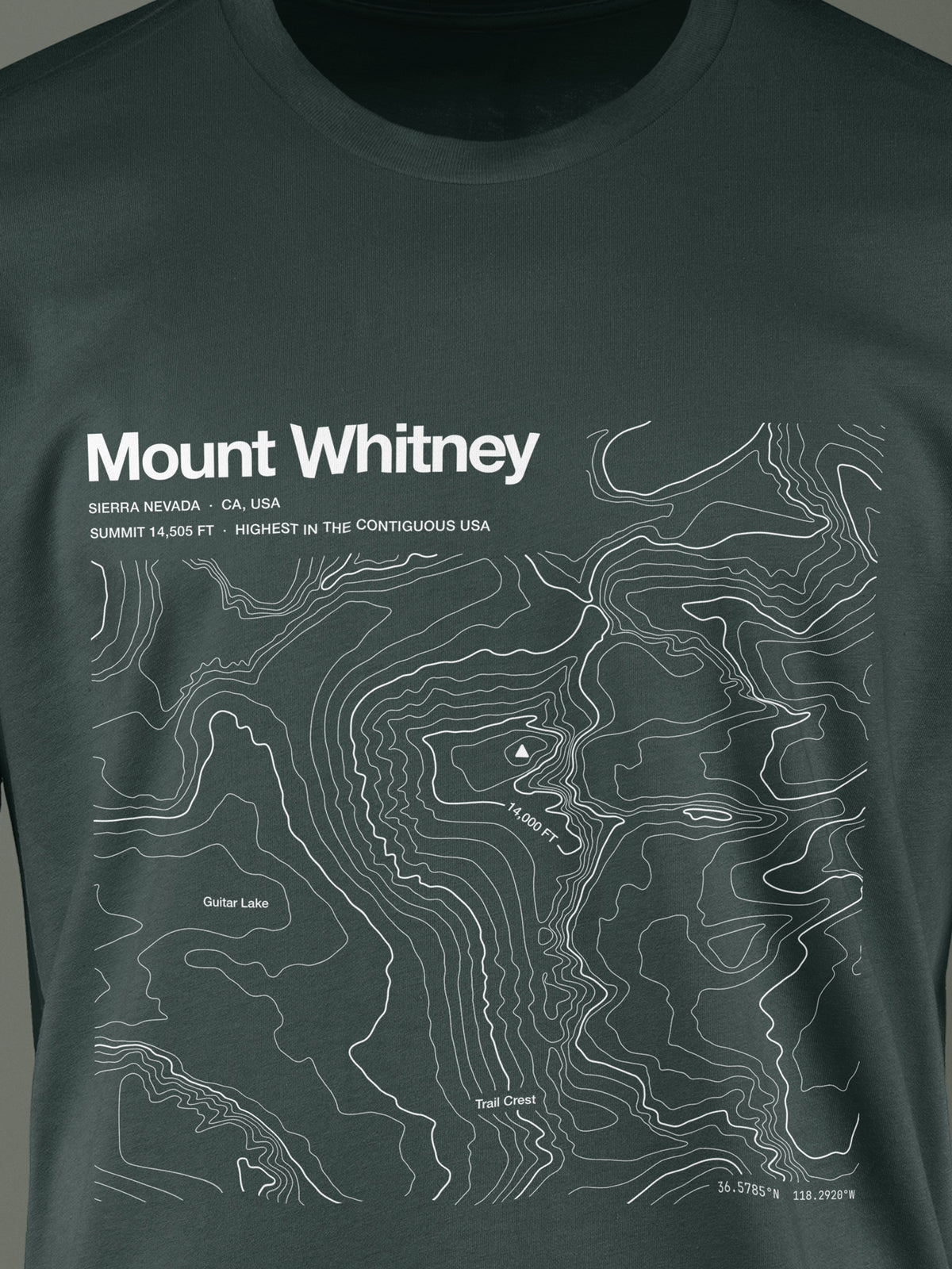 Topographic contour t-shirt of Mount Whitney, Sierra Nevada, California, 14,505 ft, the highest summit in the contiguous US, rendered from USGS 3DEP elevation data. Cotton contour-art tee by Horizon Editions - real terrain, hand-drawn, no AI.