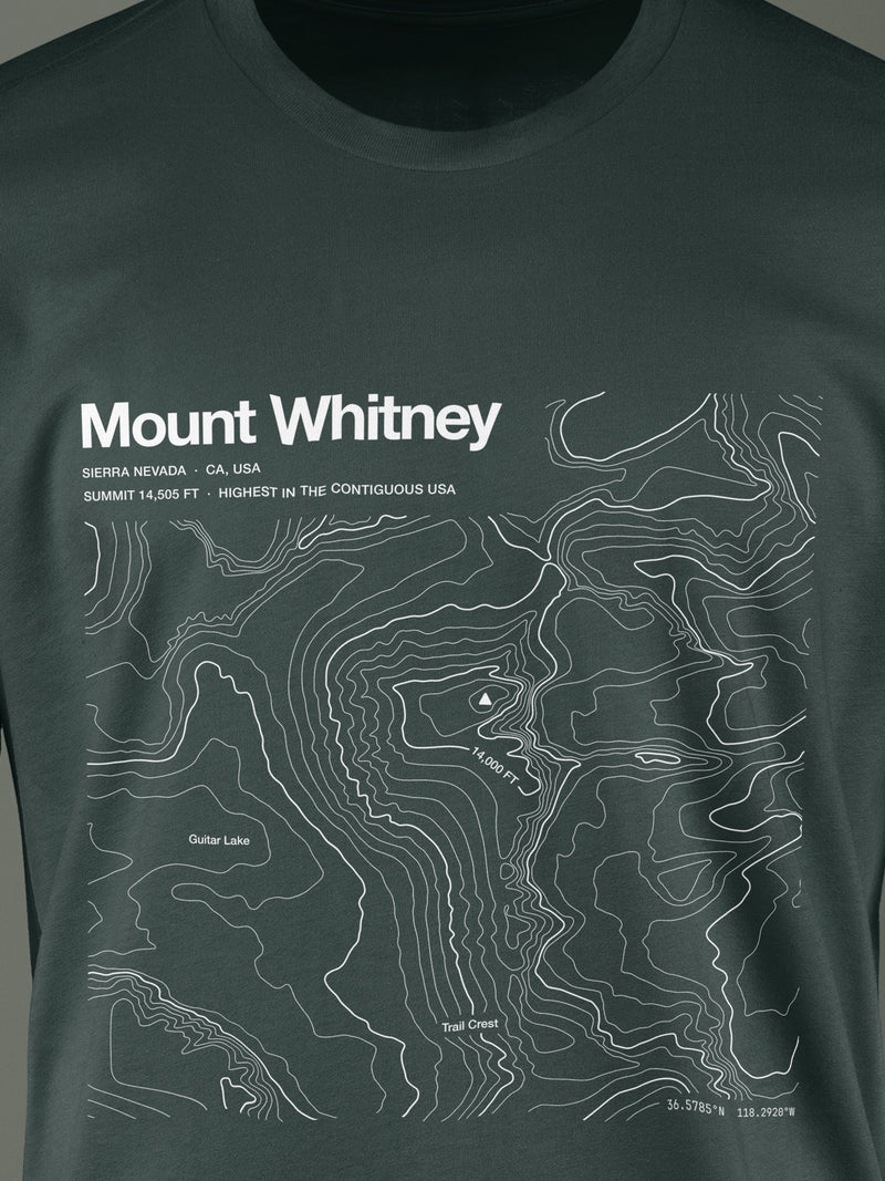 Topographic contour t-shirt of Mount Whitney, Sierra Nevada, California, 14,505 ft, the highest summit in the contiguous US, rendered from USGS 3DEP elevation data. Cotton contour-art tee by Horizon Editions - real terrain, hand-drawn, no AI.