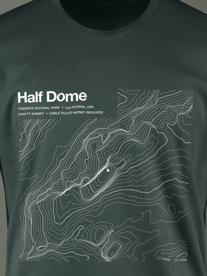 Topographic contour t-shirt of Half Dome, Yosemite, California, 8,842 ft summit, rendered from USGS 3DEP elevation data. Cotton contour-art tee by Horizon Editions - real terrain, hand-drawn, no AI.