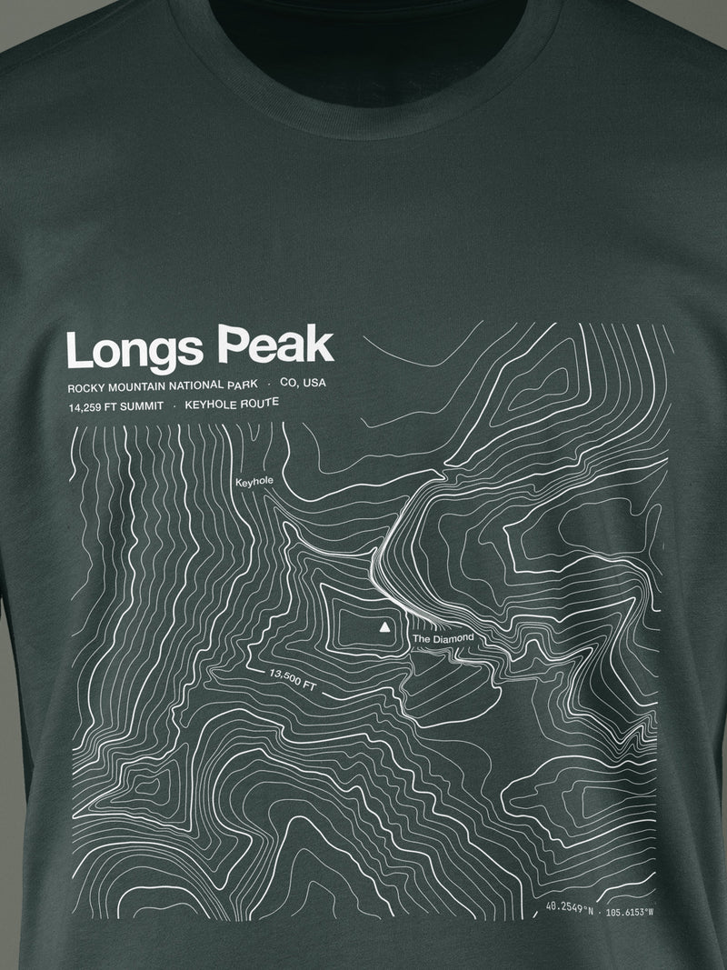 Topographic contour t-shirt of Longs Peak, Rocky Mountain National Park, Colorado, 14,259 ft summit, rendered from USGS 3DEP elevation data. Cotton contour-art tee by Horizon Editions - real terrain, hand-drawn, no AI.