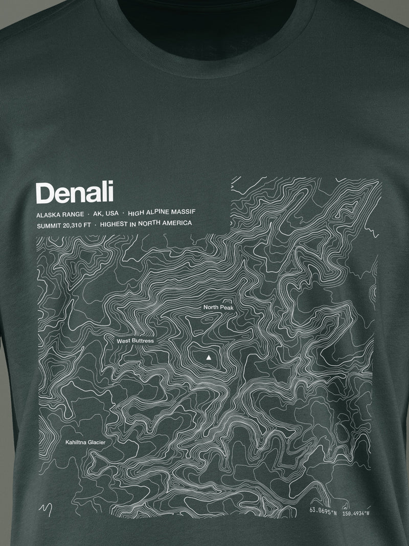 Topographic contour t-shirt of Denali, Alaska Range, Alaska, 20,310 ft, the highest peak in North America, rendered from USGS 3DEP / Alaska DEM elevation data. Cotton contour-art tee by Horizon Editions - real terrain, hand-drawn, no AI.