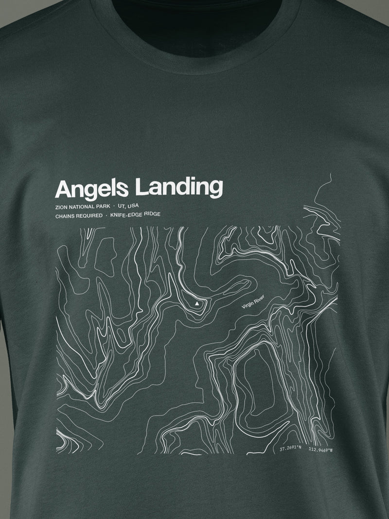 Topographic contour t-shirt of Angels Landing, Zion, Utah, a 5,790 ft summit on a chained knife-edge ridge, rendered from USGS 3DEP elevation data. Cotton contour-art tee by Horizon Editions - real terrain, hand-drawn, no AI.