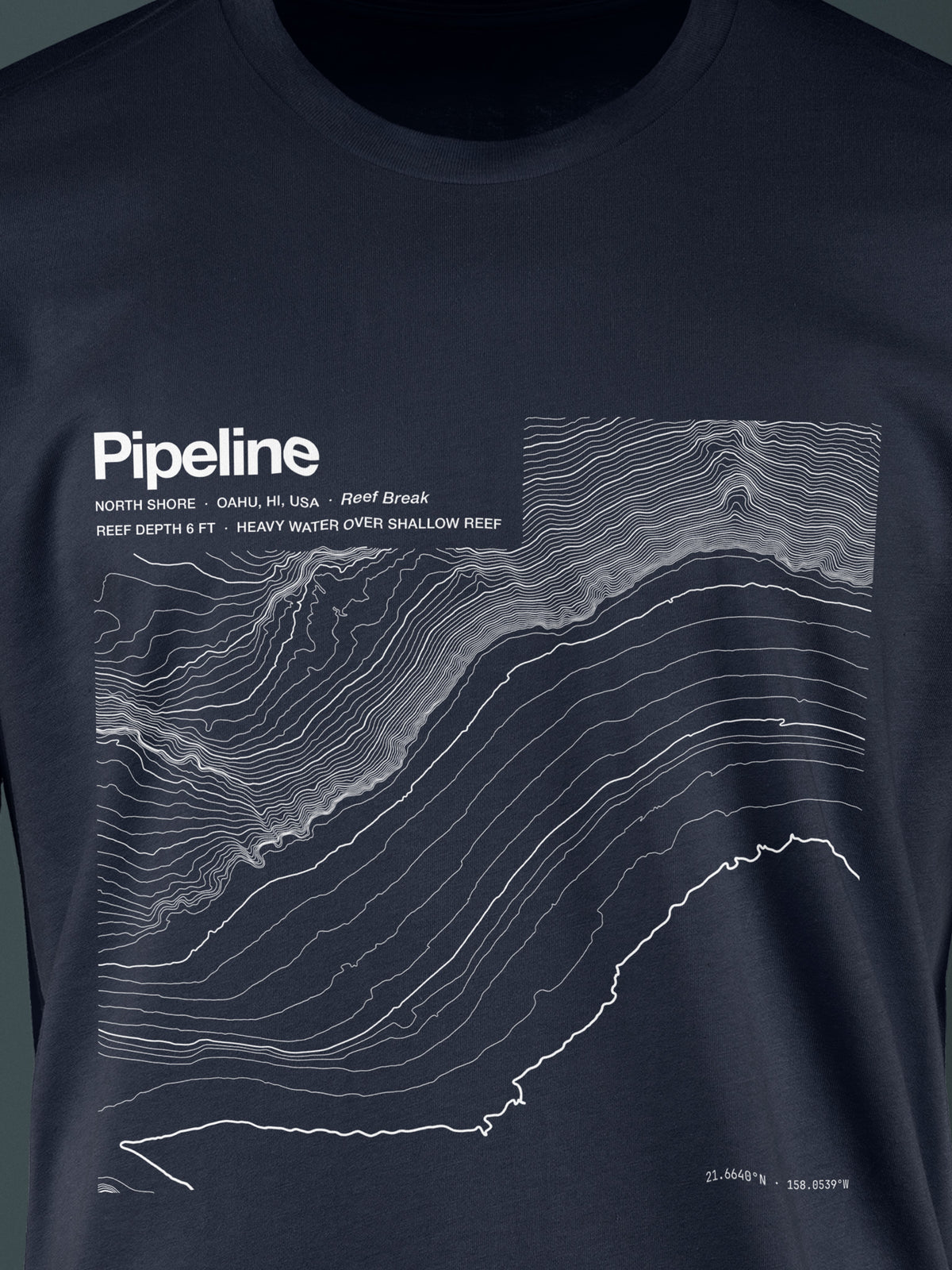 Topographic contour t-shirt of Pipeline (Banzai Reef), North Shore, Oahu, Hawaii, a first reef 6 ft deep, rendered from NOAA NCEI coastal bathymetry. Cotton contour-art tee by Horizon Editions - real terrain, hand-drawn, no AI.