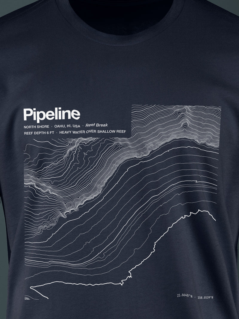 Topographic contour t-shirt of Pipeline (Banzai Reef), North Shore, Oahu, Hawaii, a first reef 6 ft deep, rendered from NOAA NCEI coastal bathymetry. Cotton contour-art tee by Horizon Editions - real terrain, hand-drawn, no AI.