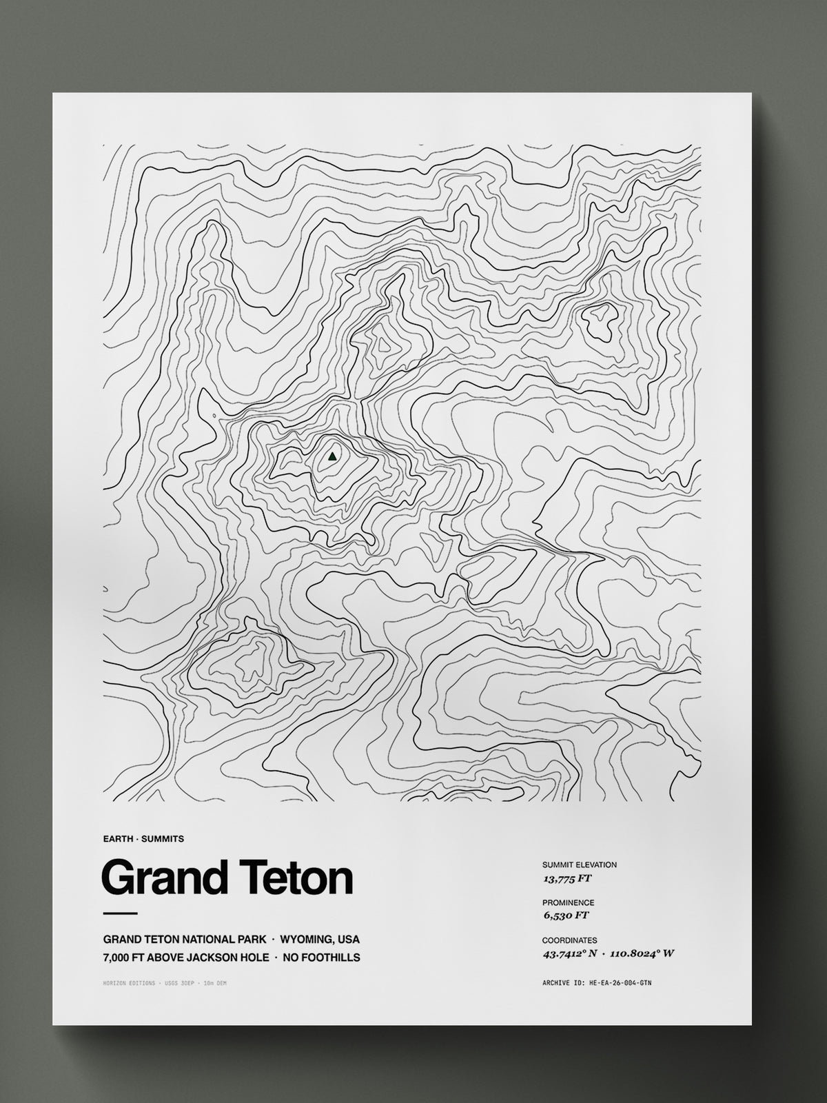 Topographic contour print of Grand Teton, Teton Range, Wyoming, 13,775 ft summit, rendered from USGS 3DEP elevation data. Museum-quality 250gsm matte archival print by Horizon Editions - real terrain, hand-drawn, no AI.