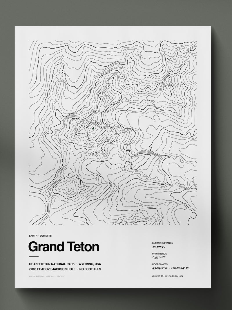 Topographic contour print of Grand Teton, Teton Range, Wyoming, 13,775 ft summit, rendered from USGS 3DEP elevation data. Museum-quality 250gsm matte archival print by Horizon Editions - real terrain, hand-drawn, no AI.