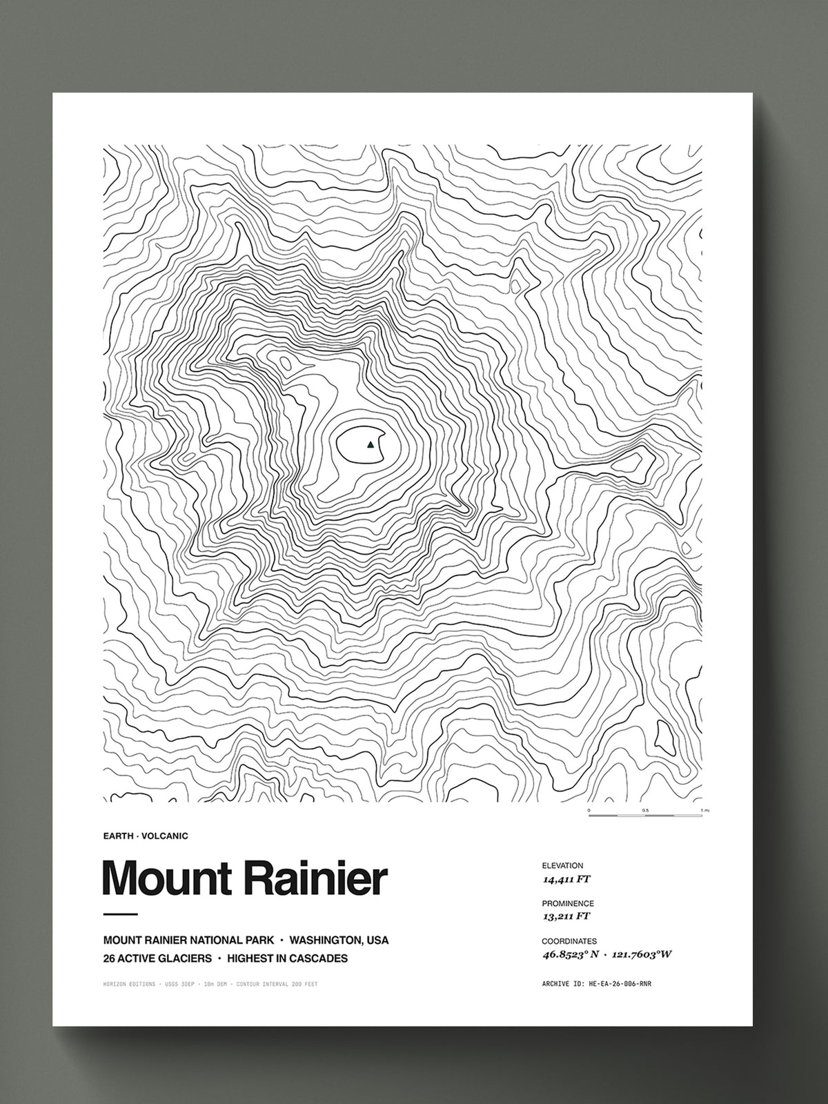 Mount Rainier topographic map poster, 18×24 in archival print