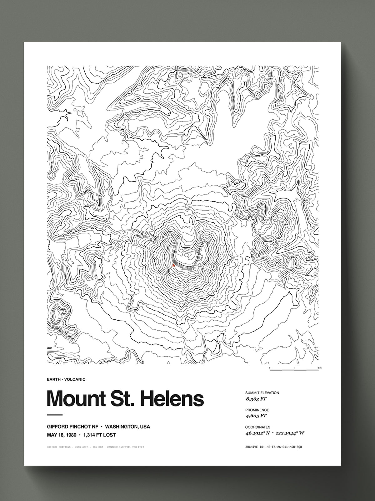 Mount St. Helens topographic map poster, 18×24 in archival print