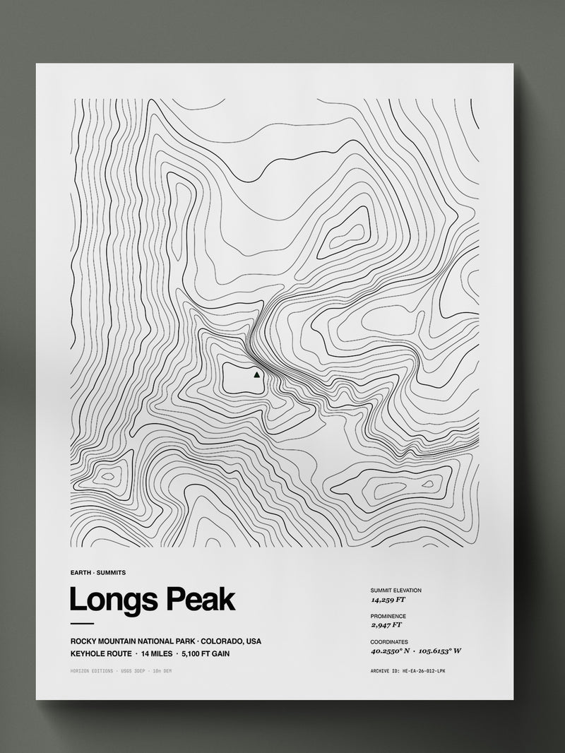 Topographic contour print of Longs Peak, Rocky Mountain National Park, Colorado, 14,259 ft summit, rendered from USGS 3DEP elevation data. Museum-quality 250gsm matte archival print by Horizon Editions - real terrain, hand-drawn, no AI.