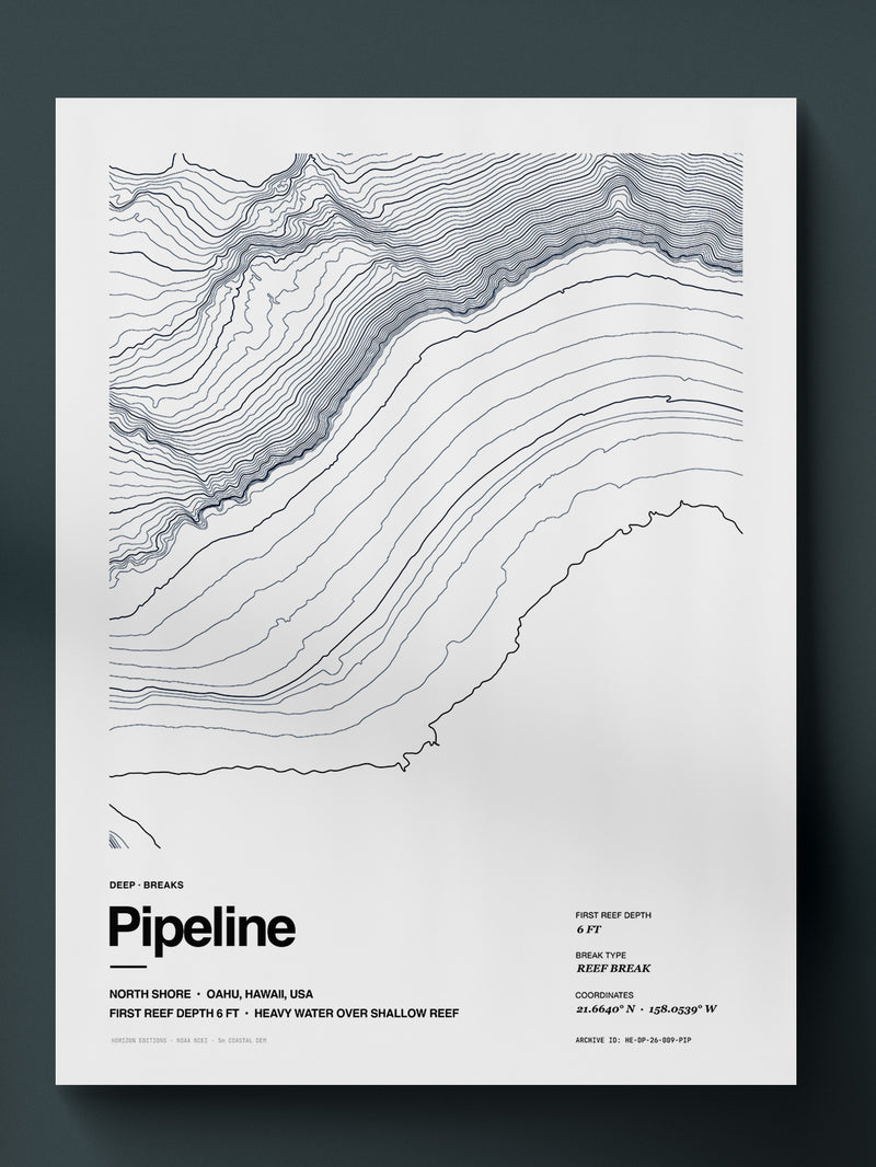 Topographic contour print of Pipeline (Banzai Reef), North Shore, Oahu, Hawaii, a first reef 6 ft deep, rendered from NOAA NCEI coastal bathymetry. Museum-quality 250gsm matte archival print by Horizon Editions - real terrain, hand-drawn, no AI.