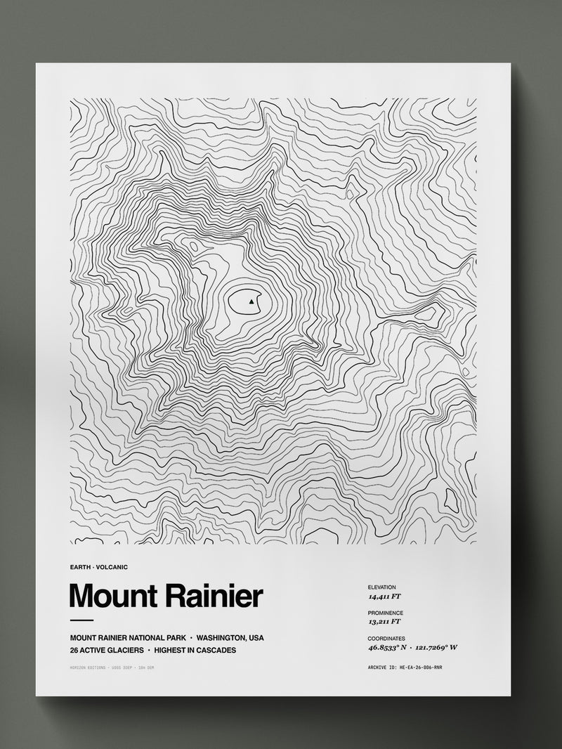 Topographic contour print of Mount Rainier, Cascade Range, Washington, 14,411 ft with 26 active glaciers, rendered from USGS 3DEP elevation data. Museum-quality 250gsm matte archival print by Horizon Editions - real terrain, hand-drawn, no AI.