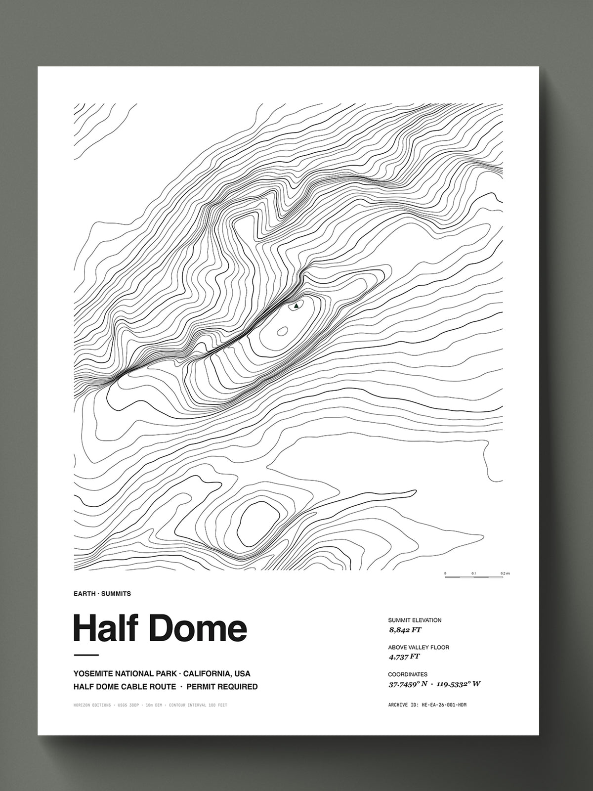 Half Dome topographic map poster, 18×24 in archival print