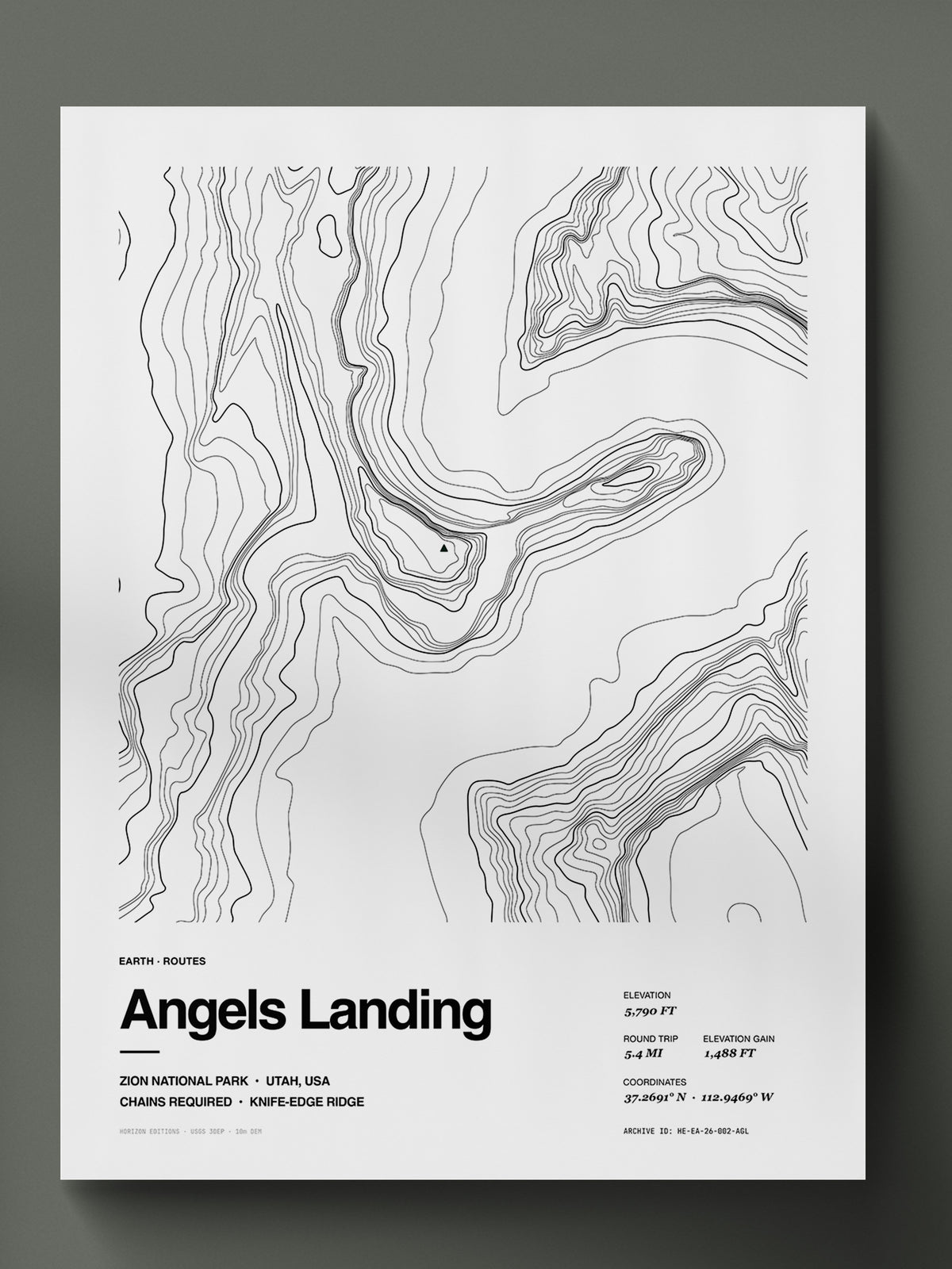 Topographic contour print of Angels Landing, Zion, Utah, a 5,790 ft summit on a chained knife-edge ridge, rendered from USGS 3DEP elevation data. Museum-quality 250gsm matte archival print by Horizon Editions - real terrain, hand-drawn, no AI.