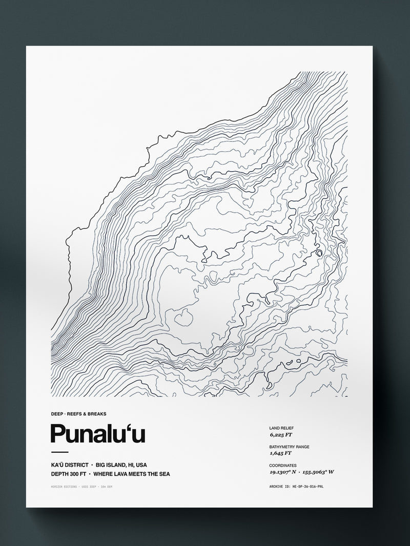 Topographic contour print of Punaluʻu, Kaʻū, Big Island, Hawaii, 300 ft offshore depth at a black-sand coast, rendered from NOAA NCEI coastal bathymetry. Museum-quality 250gsm matte archival print by Horizon Editions - real terrain, hand-drawn, no AI.