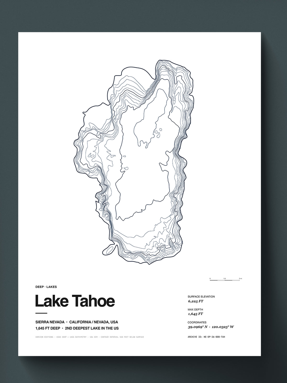 Lake Tahoe bathymetric map poster, 18×24 in archival print