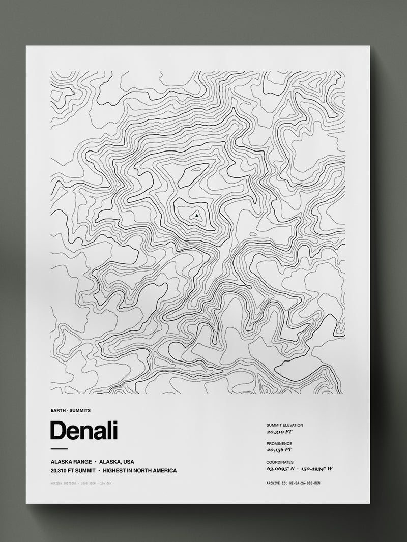 Topographic contour print of Denali, Alaska Range, Alaska, 20,310 ft, the highest peak in North America, rendered from USGS 3DEP / Alaska DEM elevation data. Museum-quality 250gsm matte archival print by Horizon Editions - real terrain, hand-drawn, no AI.