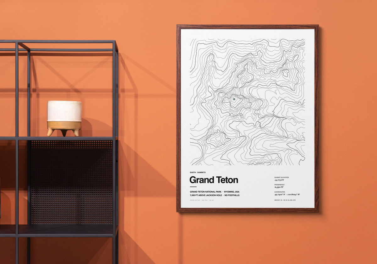 Grand Teton contour-art archival print shown framed on a wall - Horizon Editions.