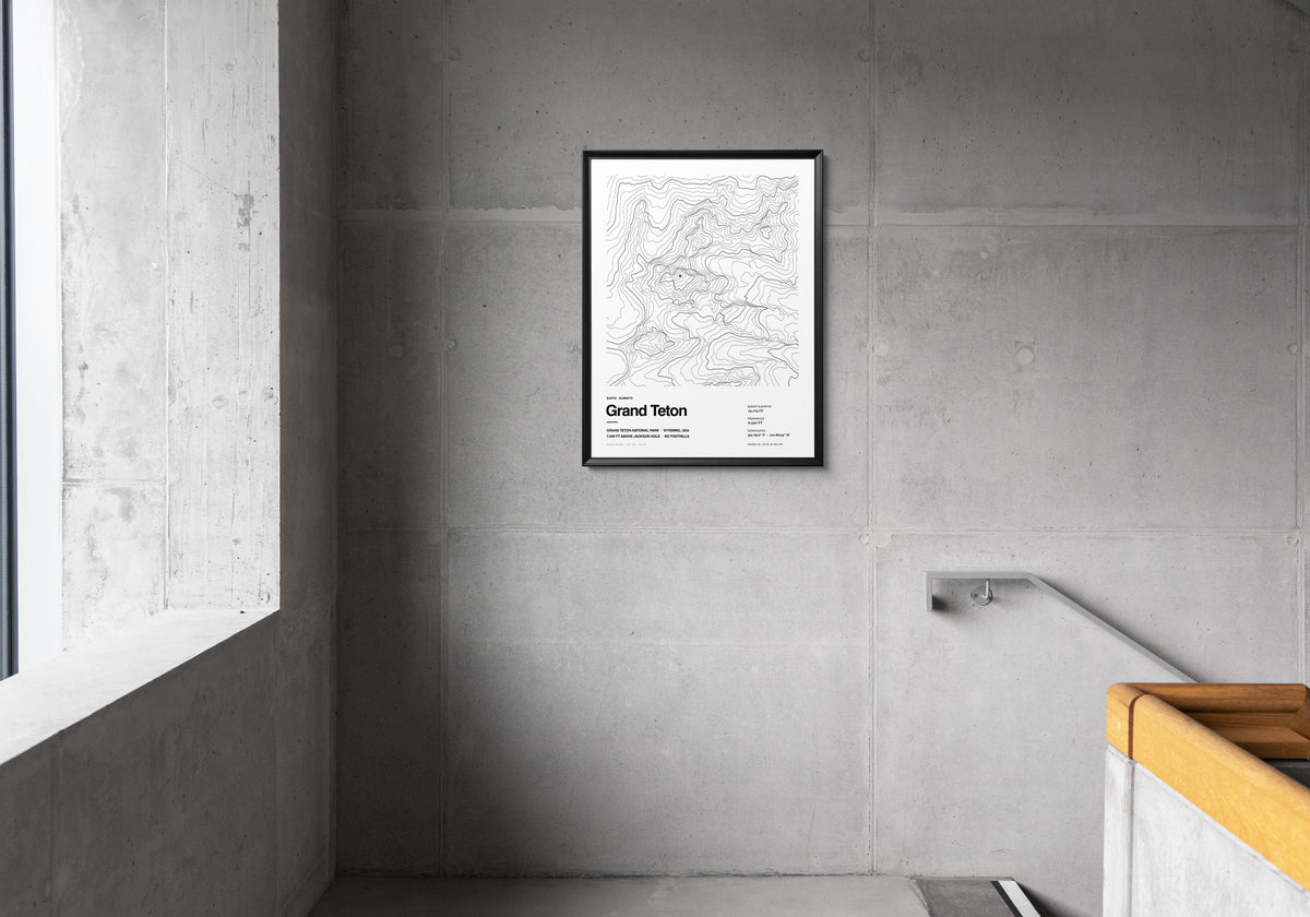 Grand Teton contour-art archival print shown framed on a wall - Horizon Editions.
