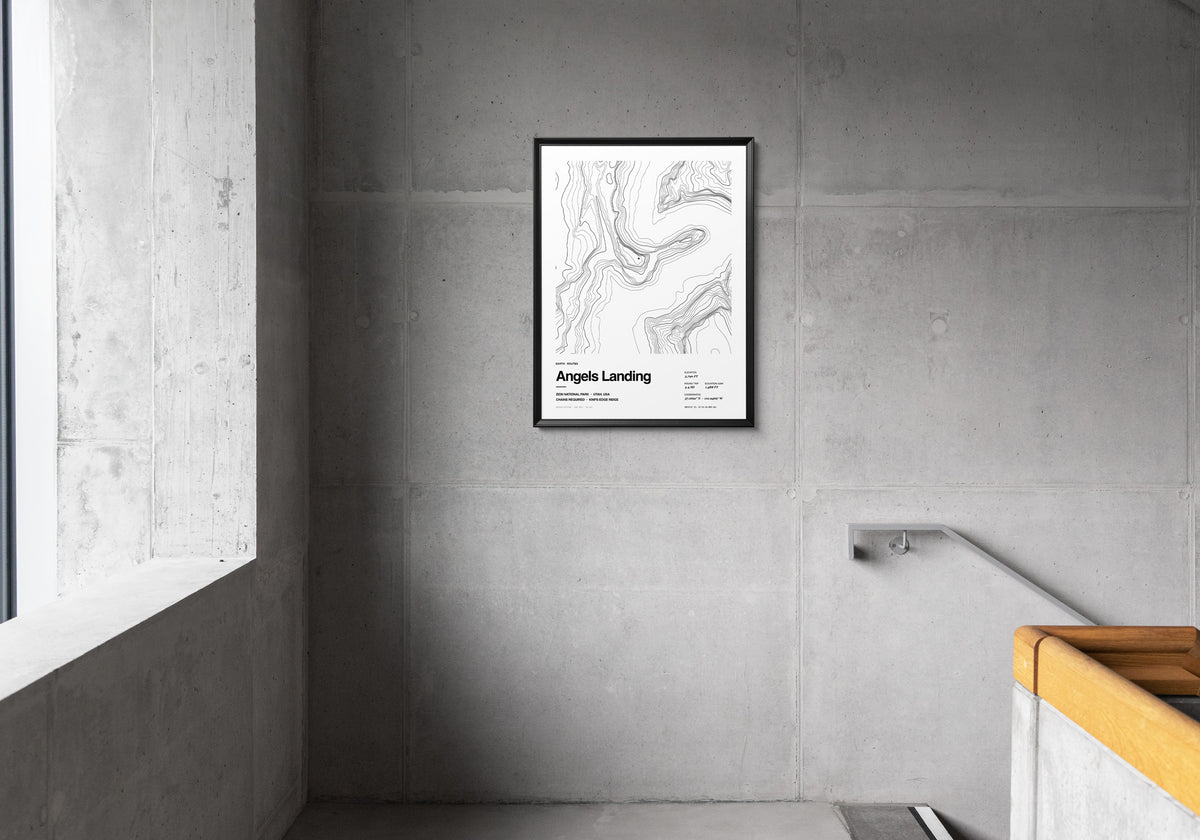 Angels Landing contour-art archival print shown framed on a wall - Horizon Editions.