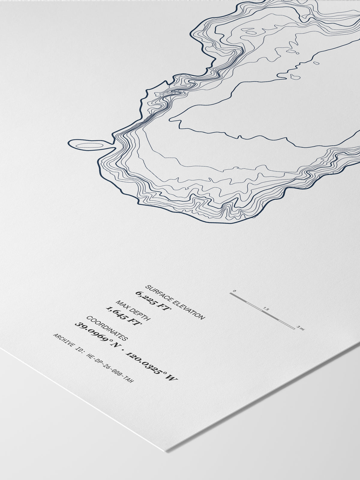 Detail of the Lake Tahoe poster: Archive ID, scale bar and coordinates