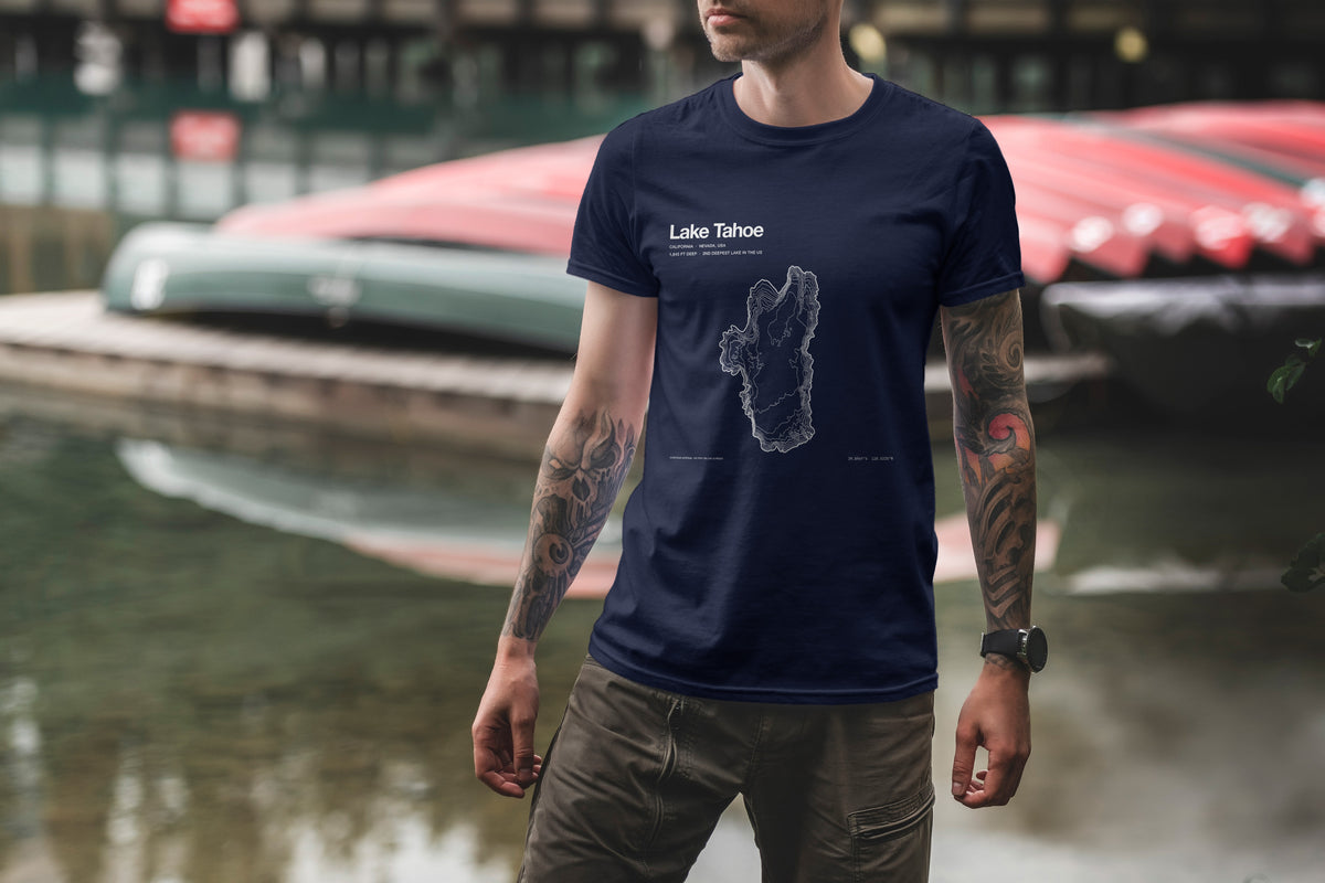 Lake Tahoe bathymetric map T-shirt, lifestyle photo
