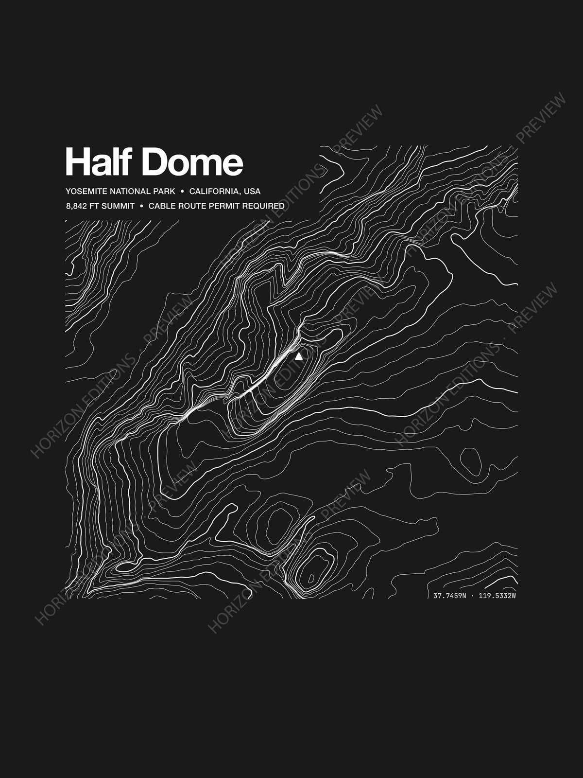 Half Dome topographic contour-art t-shirt - Horizon Editions.