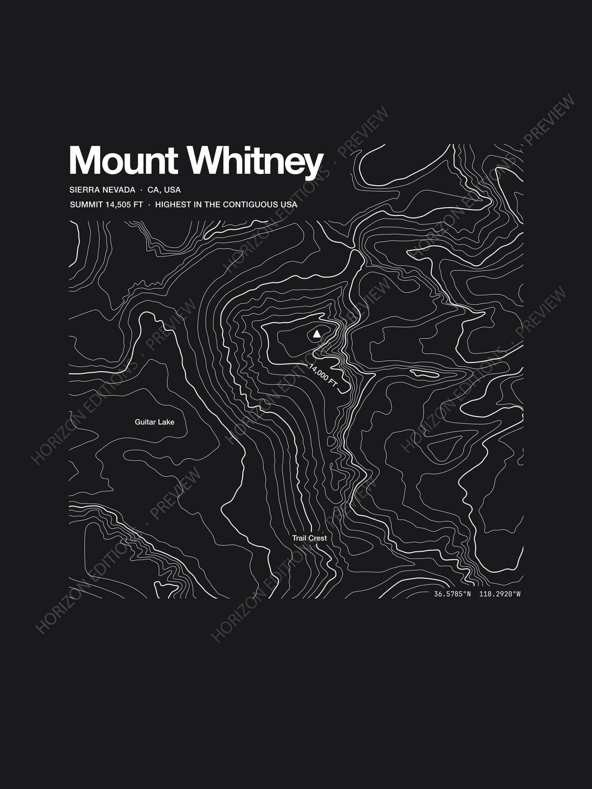 Mount Whitney topographic contour-art t-shirt - Horizon Editions.