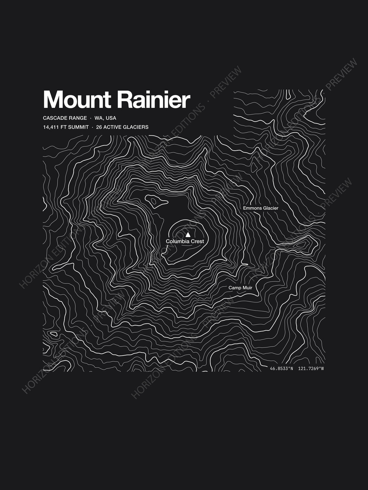 Mount Rainier Complete Edition - matched contour tee and archival print - Horizon Editions.