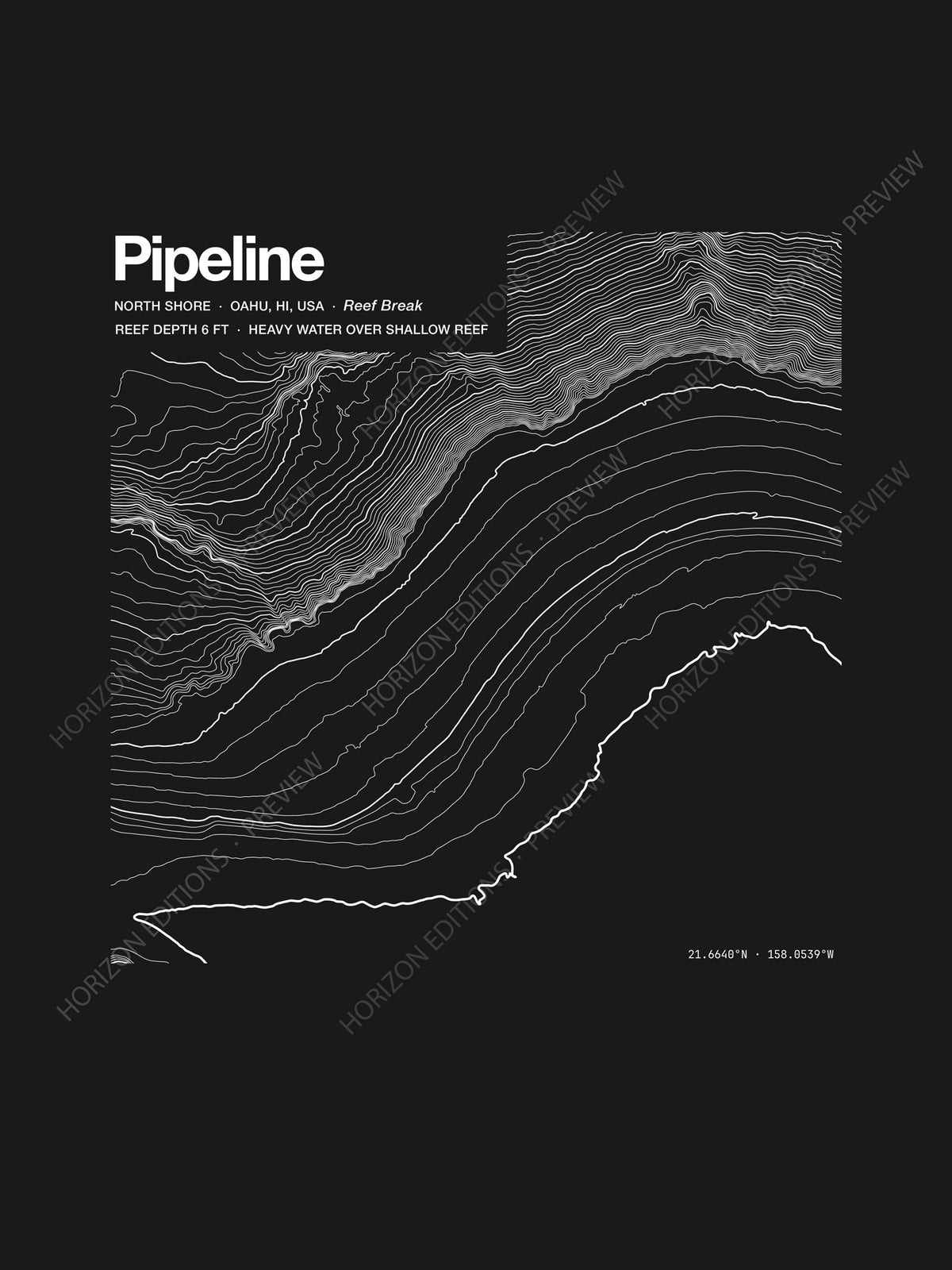 Pipeline (Banzai Reef) topographic contour-art t-shirt - Horizon Editions.