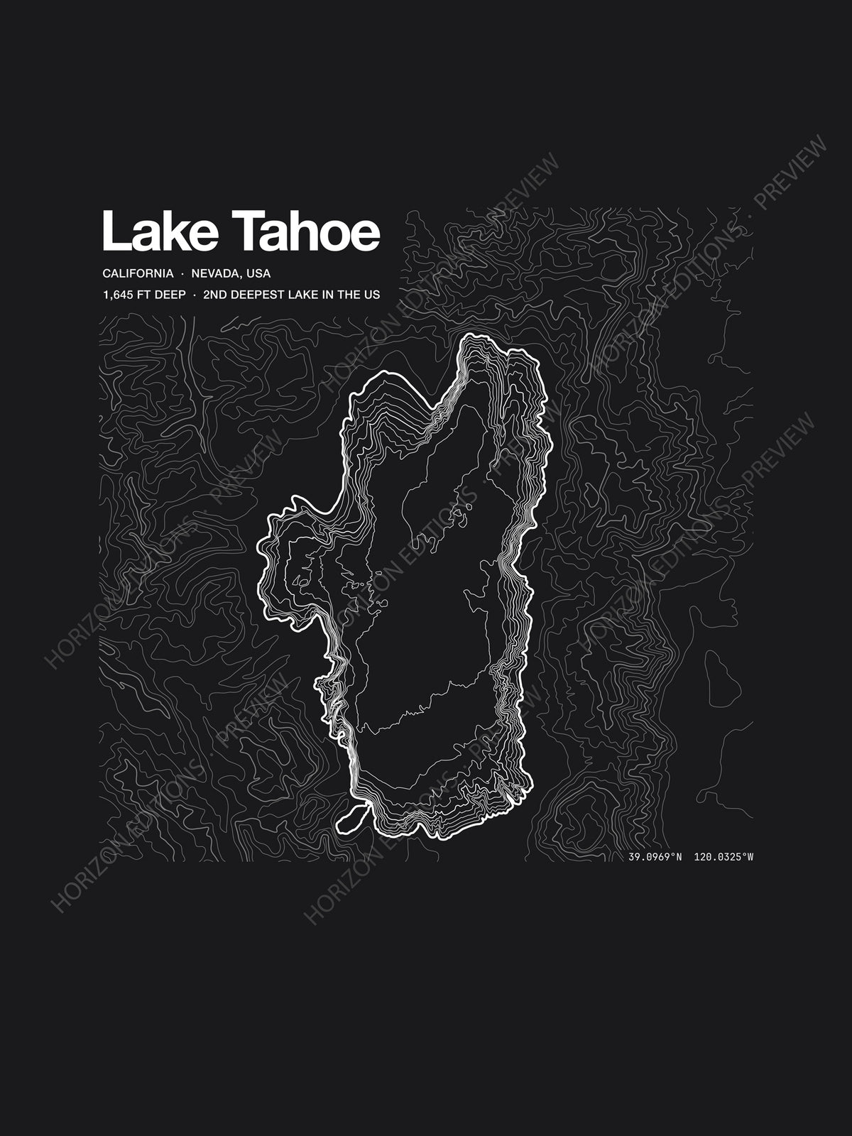 Lake Tahoe topographic contour-art t-shirt - Horizon Editions.