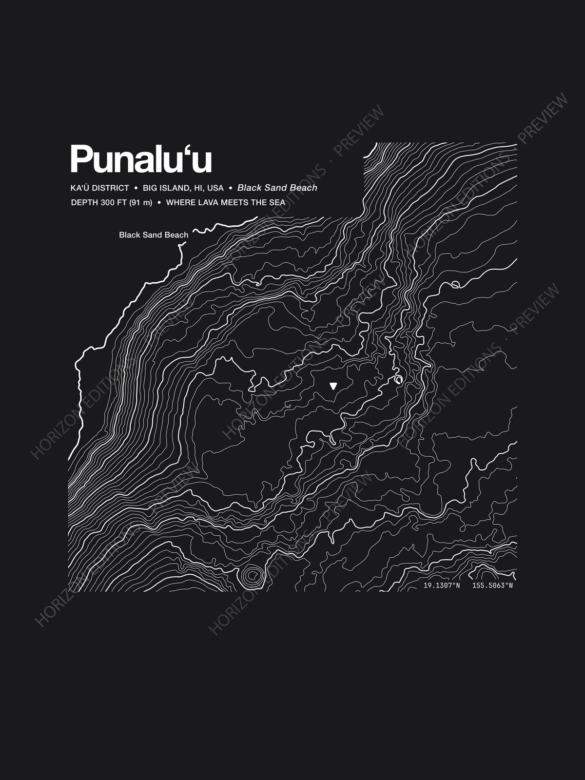 Punaluʻu topographic contour-art t-shirt - Horizon Editions.