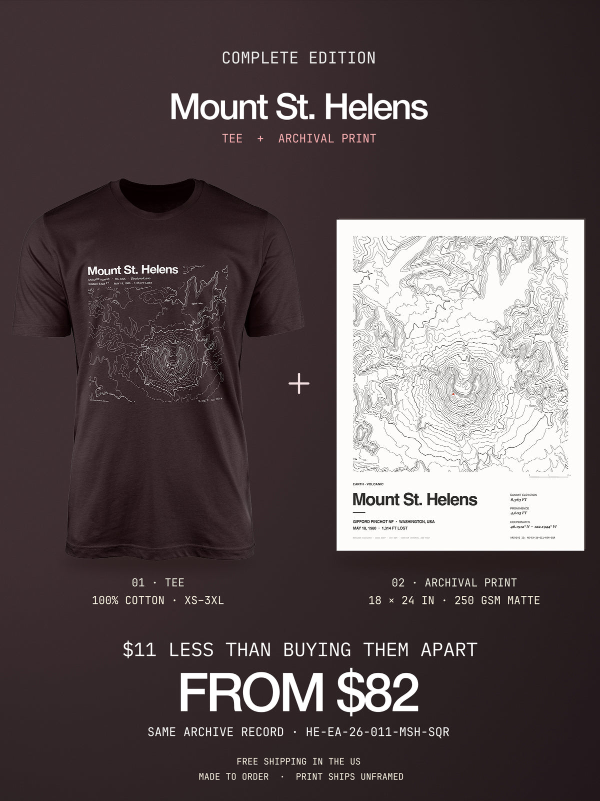 Mount St. Helens Complete Edition: topographic map T-shirt and 18×24 in poster