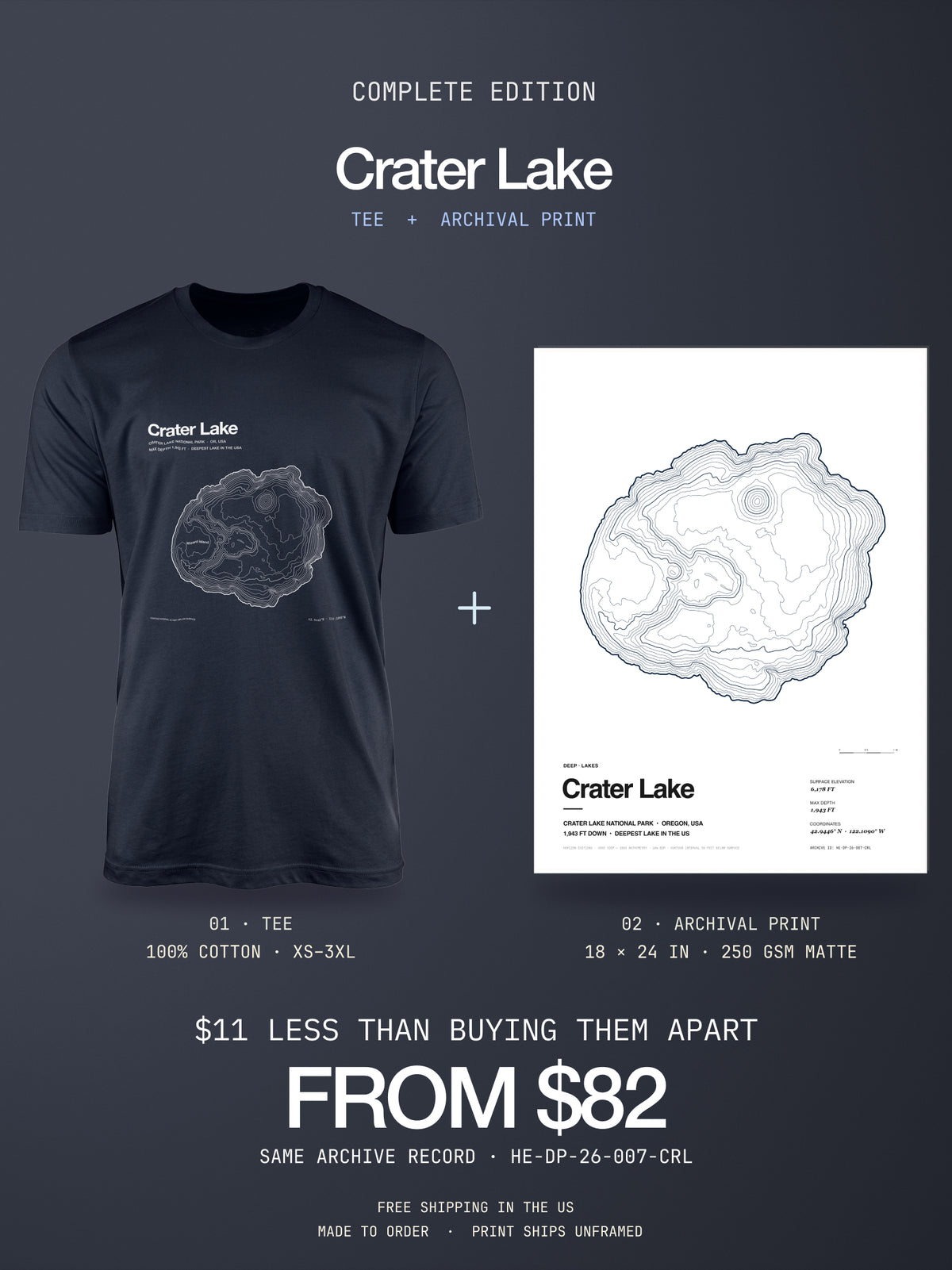 Crater Lake Complete Edition: bathymetric map T-shirt and 18×24 in poster