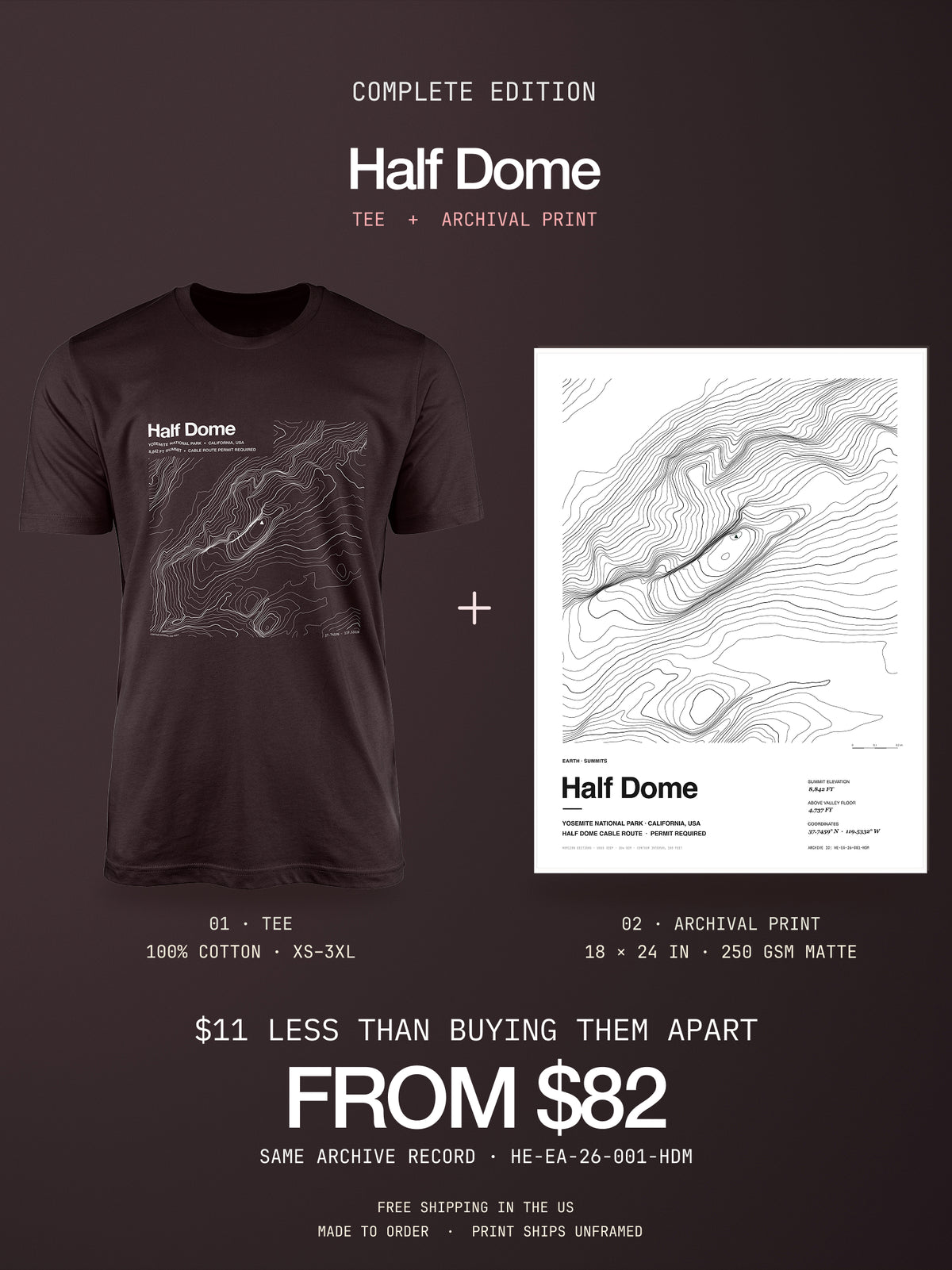 Half Dome Complete Edition: topographic map T-shirt and 18×24 in poster