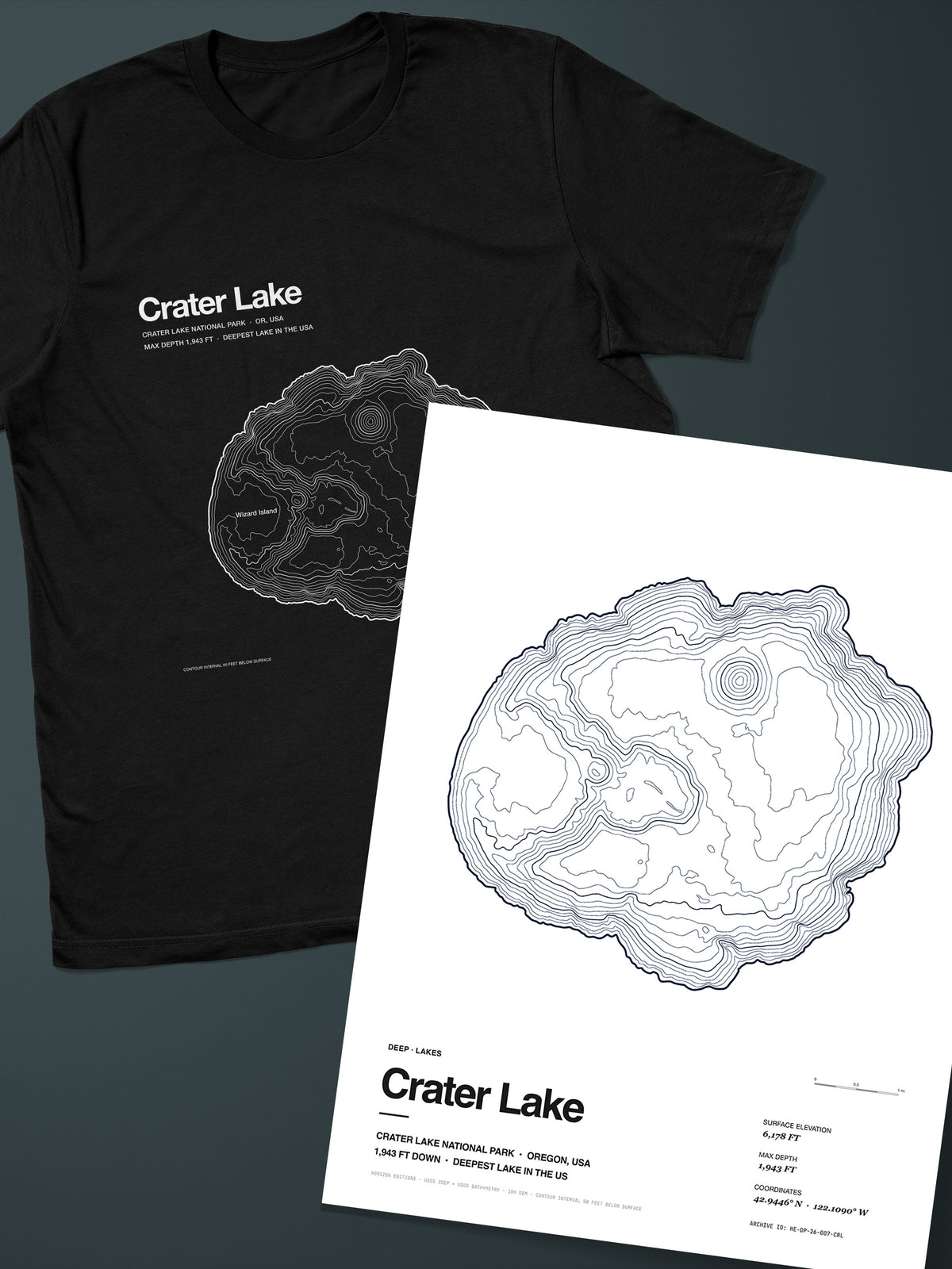 Crater Lake Complete Edition: bathymetric map T-shirt in Black