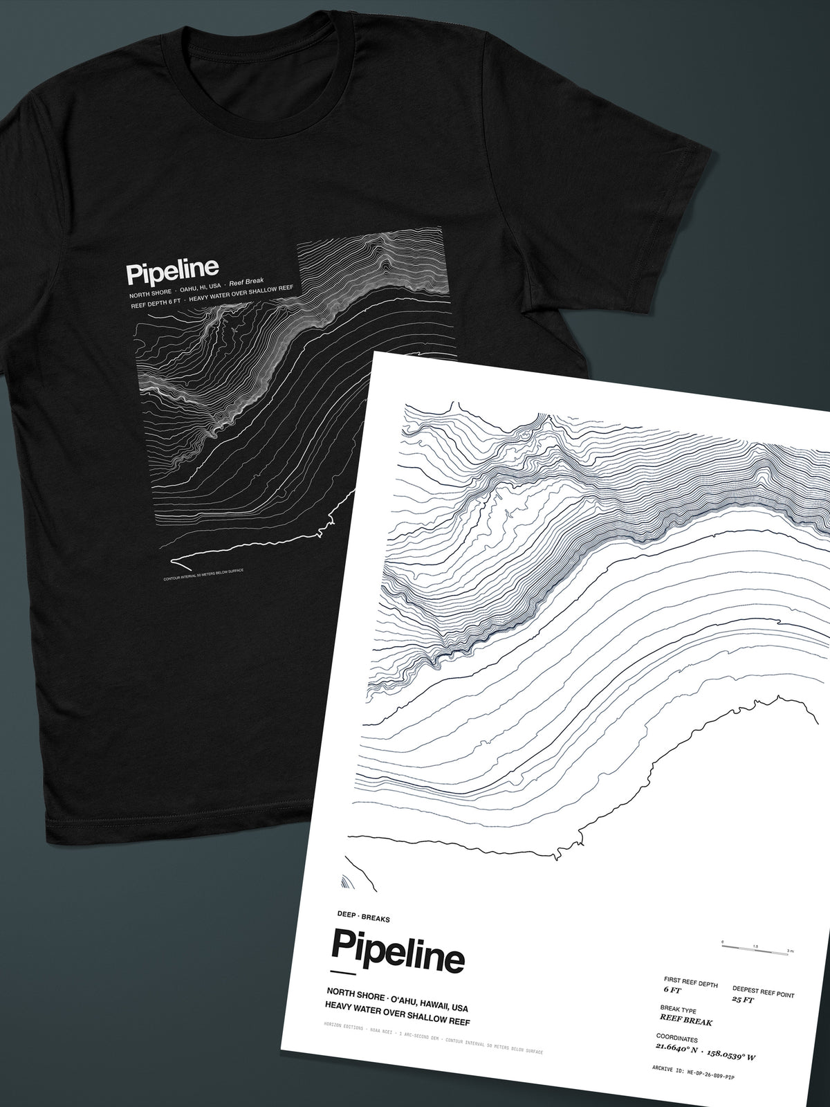 Pipeline, Banzai reef Complete Edition: bathymetric map T-shirt in Black