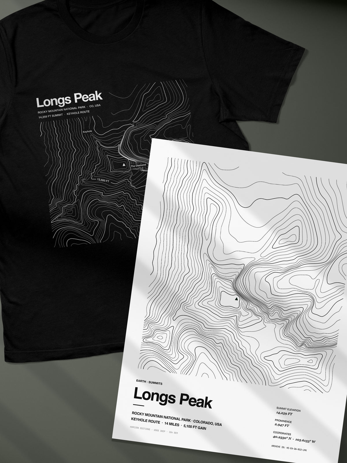 Longs Peak Complete Edition - matched contour tee and archival print - Horizon Editions.