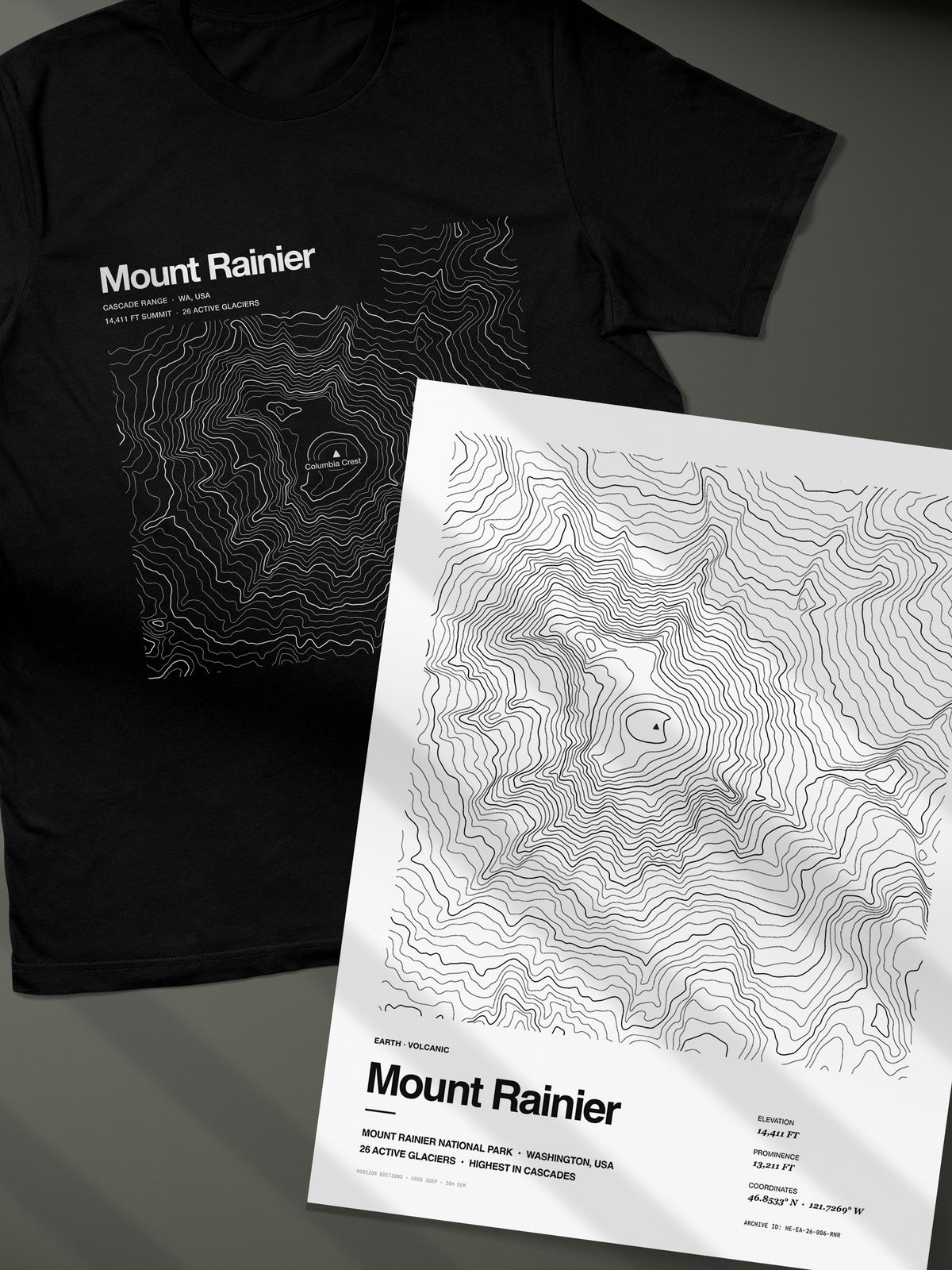 Mount Rainier Complete Edition - matched contour tee and archival print - Horizon Editions.
