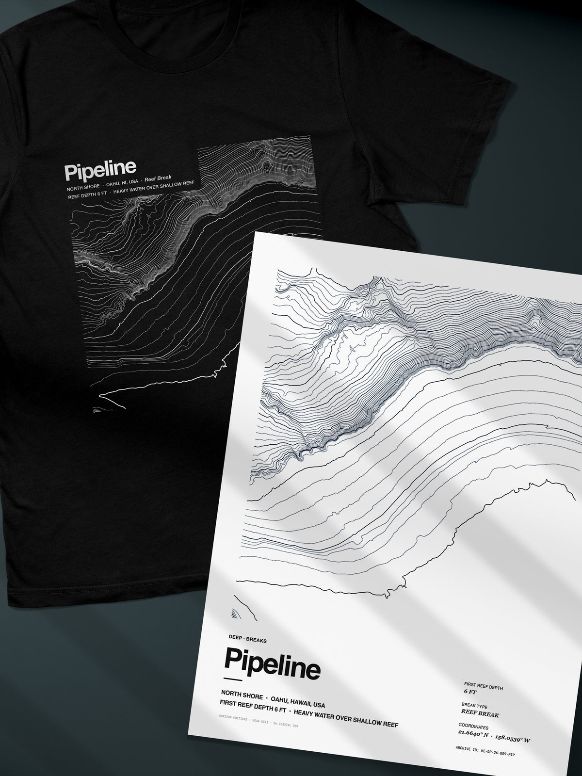 Pipeline (Banzai Reef) Complete Edition - matched contour tee and archival print - Horizon Editions.
