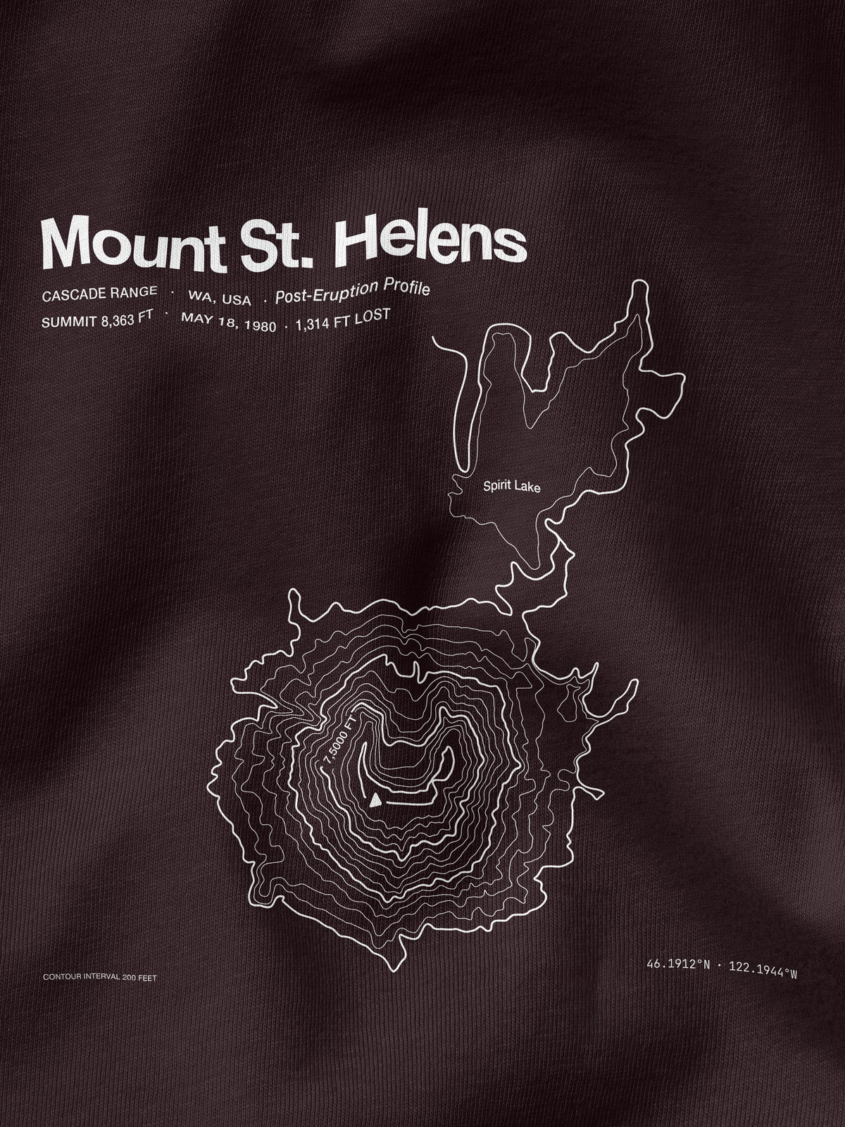 Close-up of the Mount St. Helens silhouette topographic map printed on the T-shirt