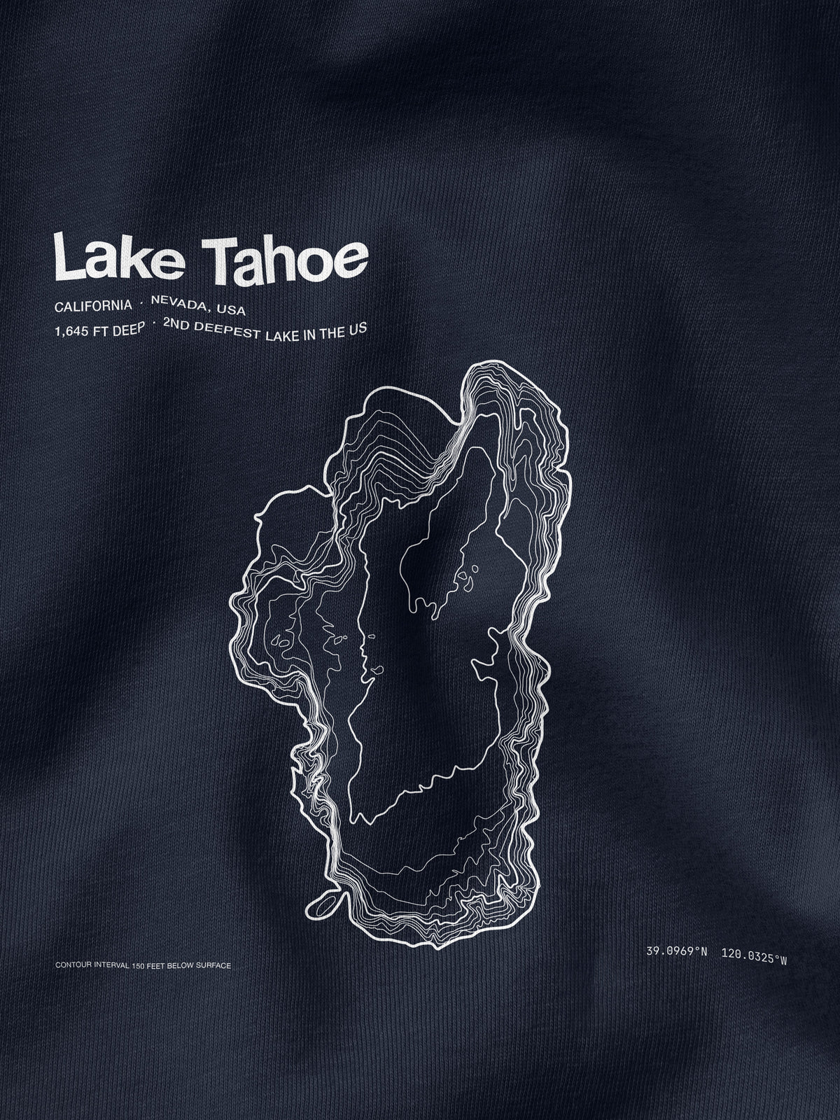 Close-up of the Lake Tahoe contour print on the T-shirt