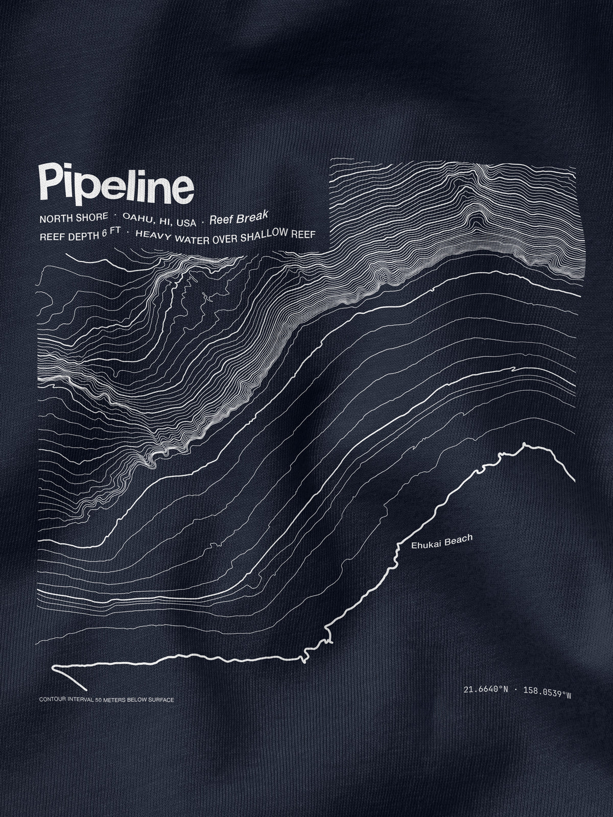 Close-up of the Pipeline, Banzai reef bathymetric map printed on the T-shirt